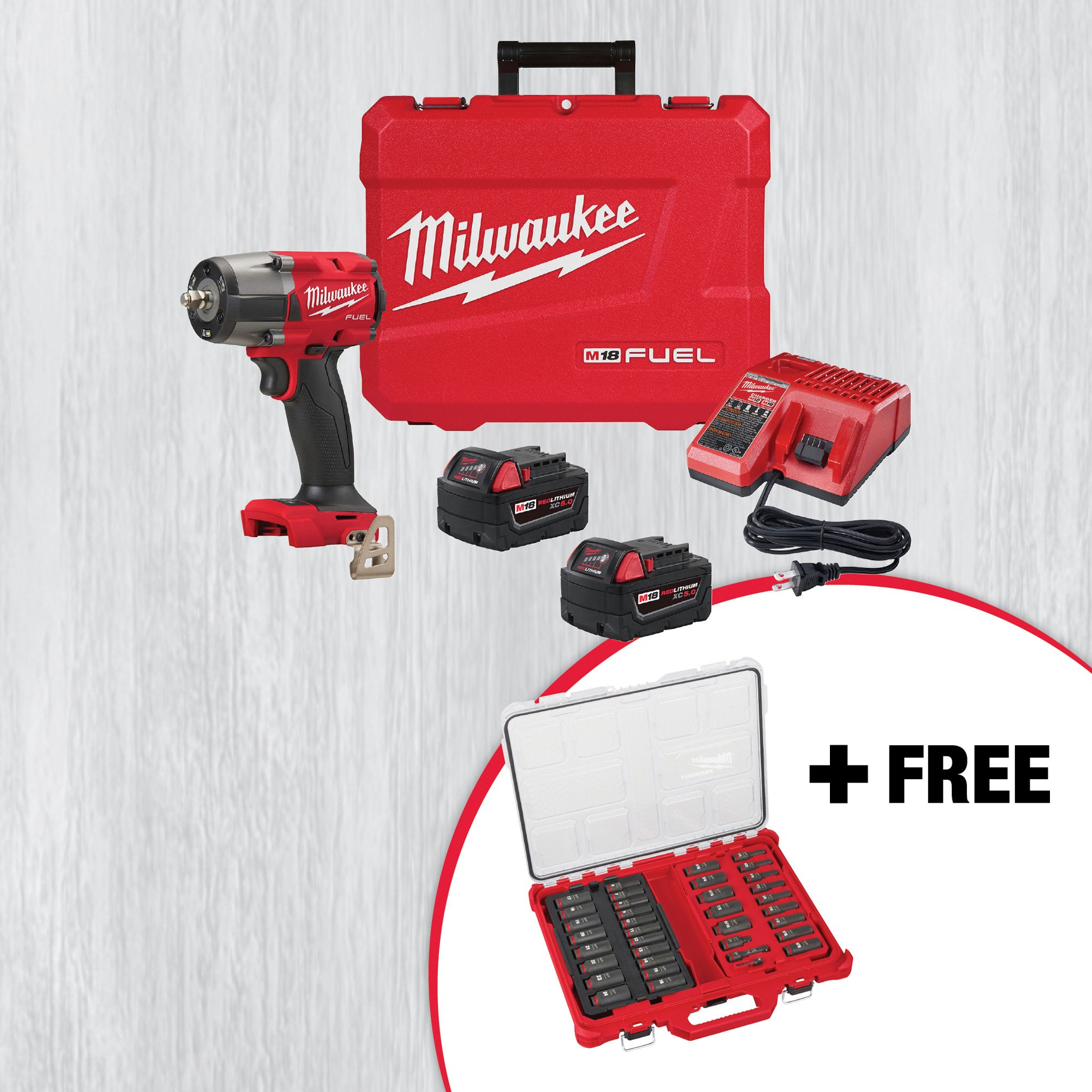 Milwaukee M18 FUEL Cordless Mid-Torque Impact Wrench Kit with Friction Ring, 3/8in., 600 Ft./Lbs. Torque with Free SAE/Metric Socket Set, 2 Batteries, Charger, Case, Model# 2960-22RSE23P1